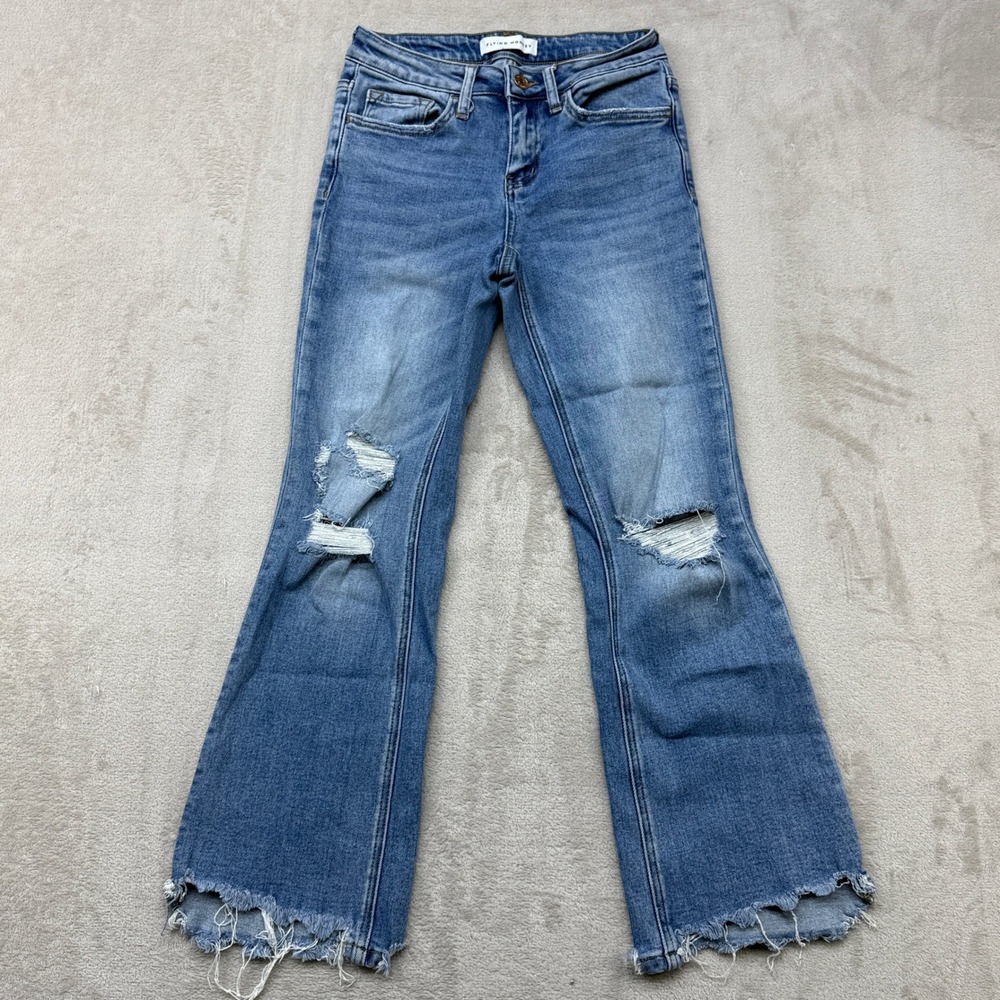 Flying Monkey Flare Jeans Womens 25 Blue Distressed Raw Hem Boho Retro Y2K Denim